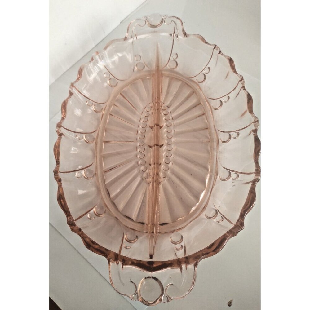 12" - 2 Part Relish Oyster and Pearl Pink Depression Glass Tray Anchor Hocking